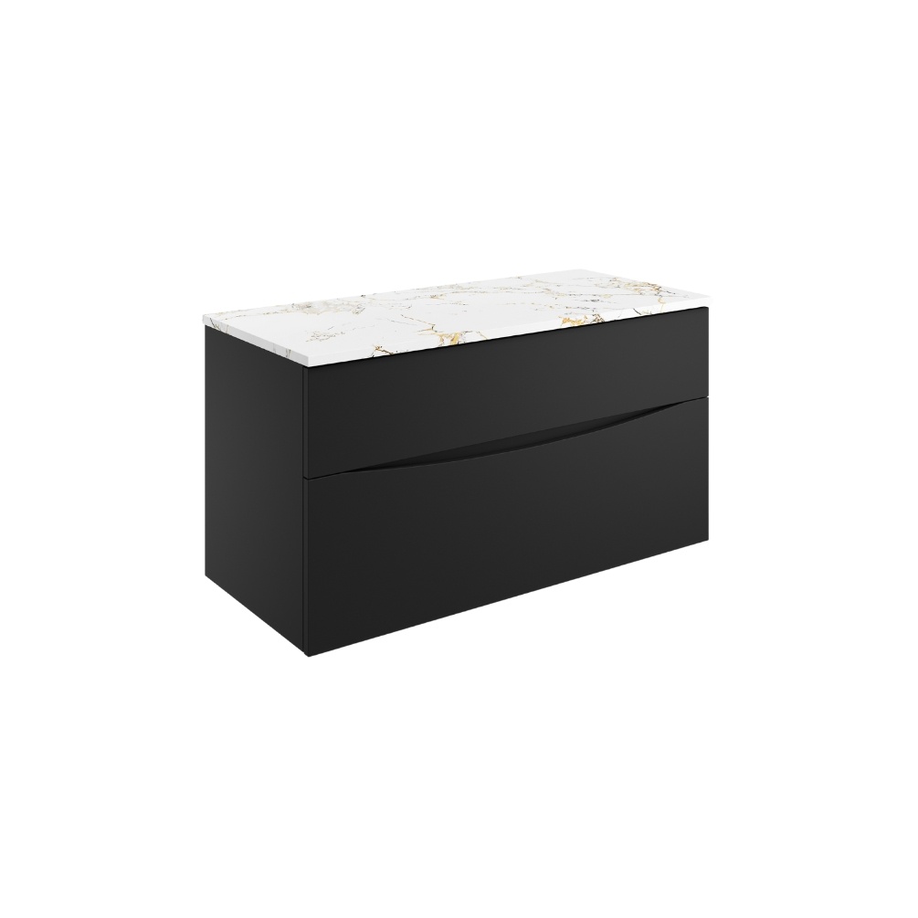 Product Cut out image of the Crosswater Glide II Matt Black 1000mm Double Drawer Unit with Gold Vein Worktop